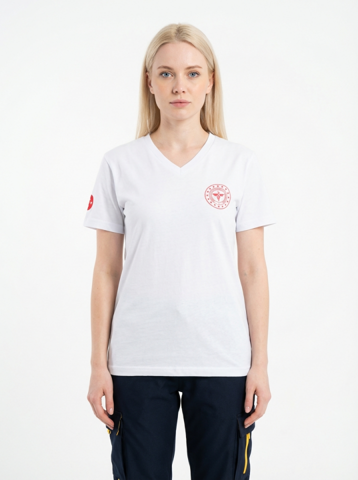 Beyaz 112 Acil Sağlık V Yaka Penye Tişört Unisex M