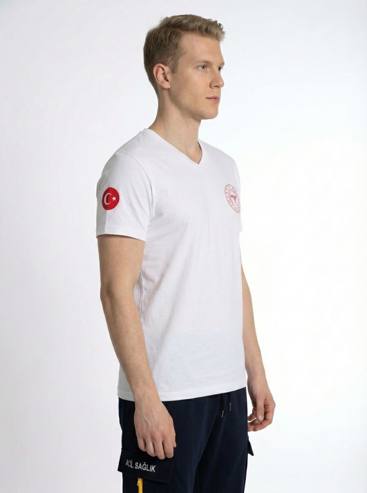 Beyaz 112 Acil Sağlık V Yaka Penye Tişört Unisex M