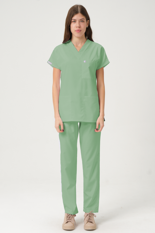 Çağla Yeşili Likralı Scrubs Doktor Hemşire Forması Yarasa Kol Takım Unisex 2XL