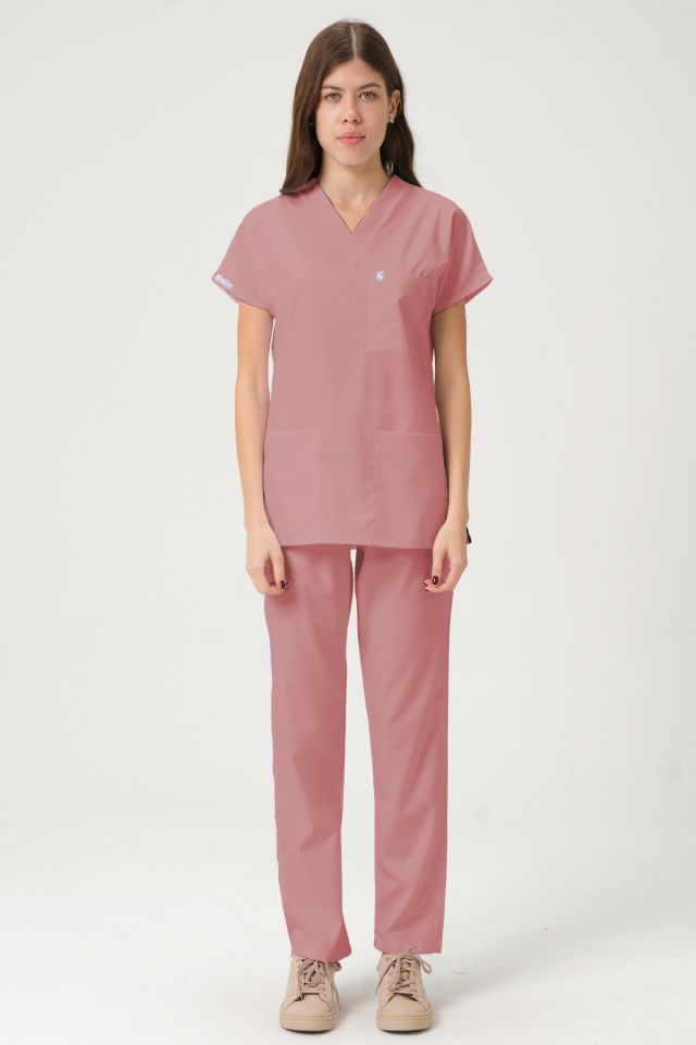 Gül Kurusu Likralı Scrubs Doktor Hemşire Forması Yarasa Kol Takım Unisex XS