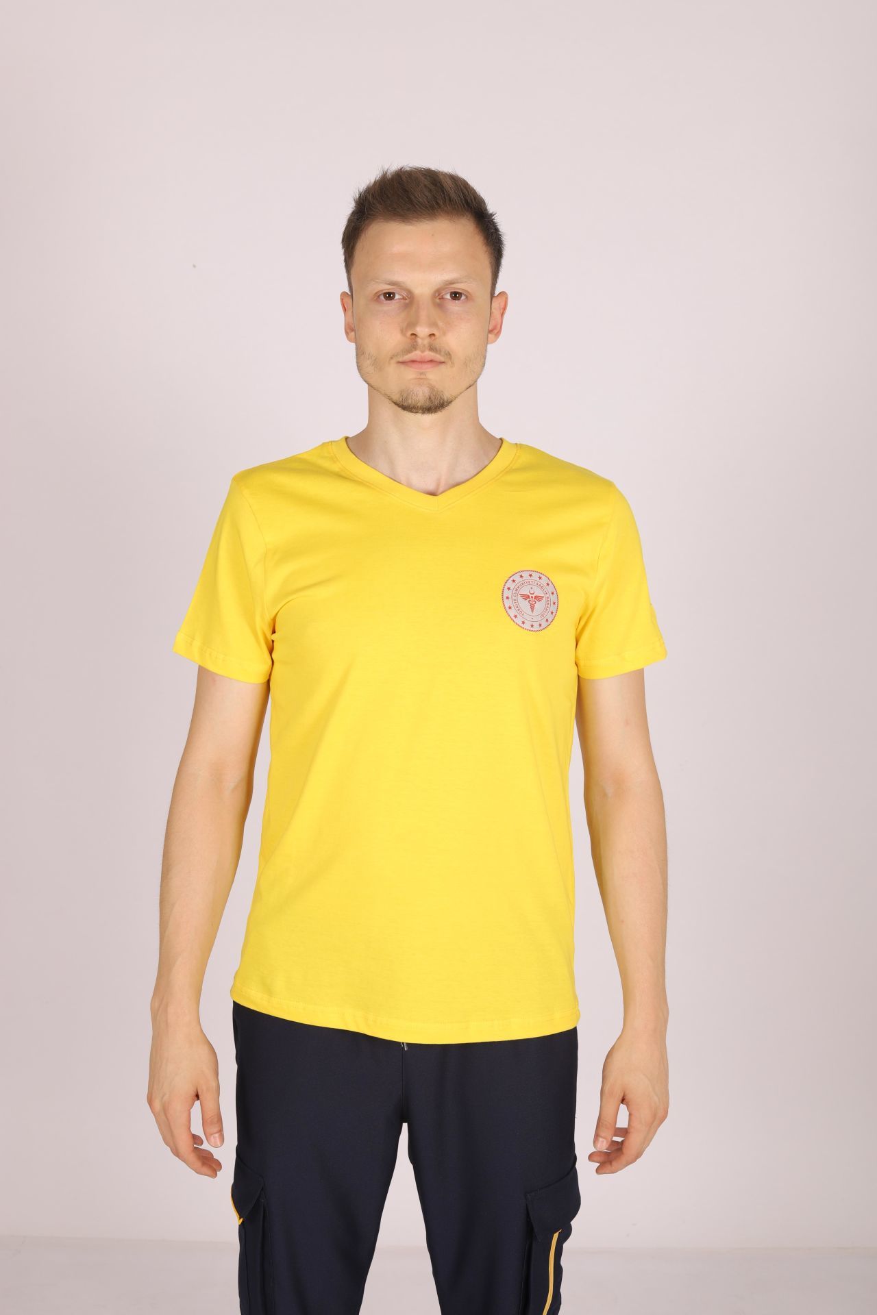 Sarı 112 Acil Sağlık V Yaka Tişört Unisex L