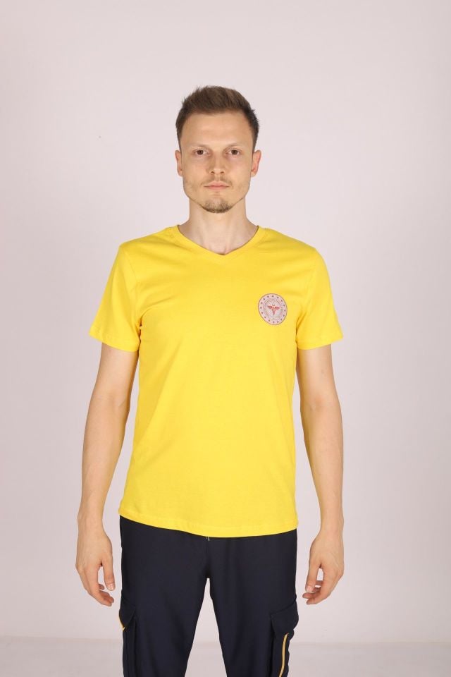 Sarı 112 Acil Sağlık V Yaka Tişört Unisex L