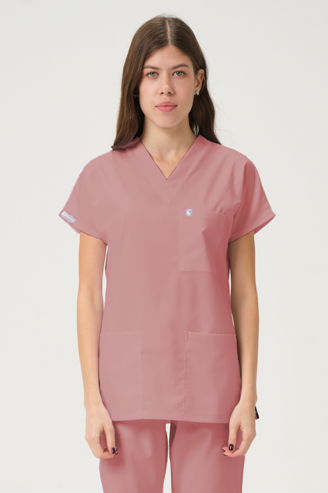 Gül Kurusu Likralı Scrubs Doktor Hemşire Forması Yarasa Kol Takım Unisex L