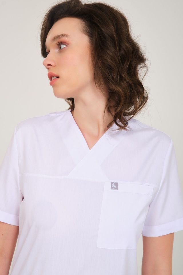 Beyaz Likralı Zarf Yaka Scrubs Doktor Hemşire Forması Tek Üst XS
