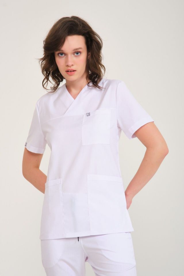 Beyaz Likralı Zarf Yaka Scrubs Doktor Hemşire Forması Tek Üst XS