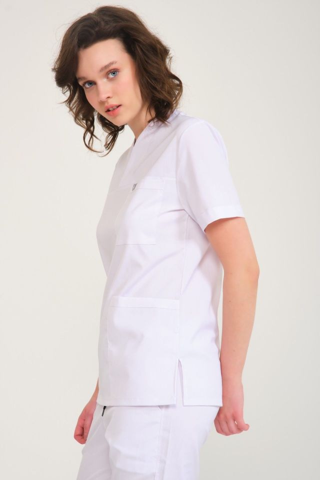 Beyaz Likralı Zarf Yaka Scrubs Doktor Hemşire Forması Tek Üst XS