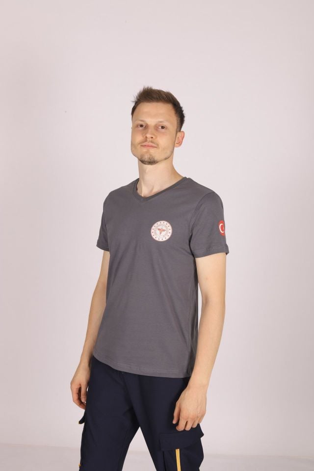 Gri 112 Acil Sağlık V Yaka Tişört Unisex M