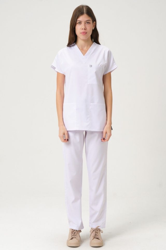 Beyaz Likralı Scrubs Doktor Hemşire Forması Yarasa Kol Takım Unisex S