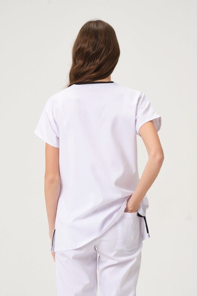 Beyaz Likralı Scrubs Doktor Hemşire Forması Yarasa Kol Takım Unisex S