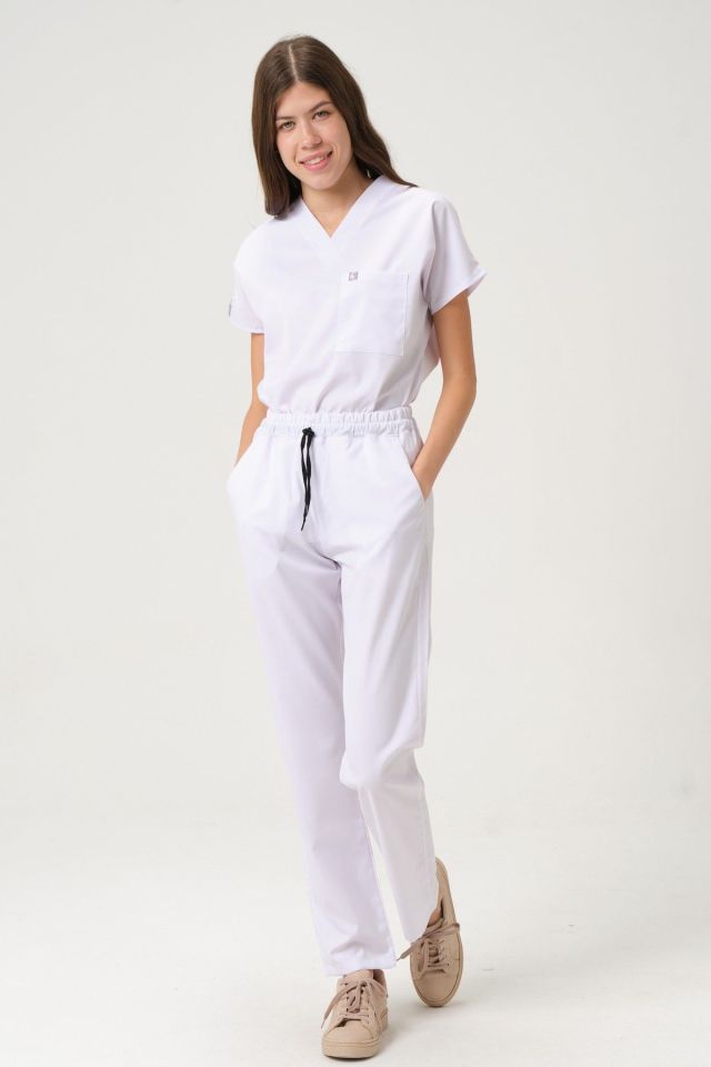 Beyaz Likralı Scrubs Doktor Hemşire Forması Yarasa Kol Takım Unisex S