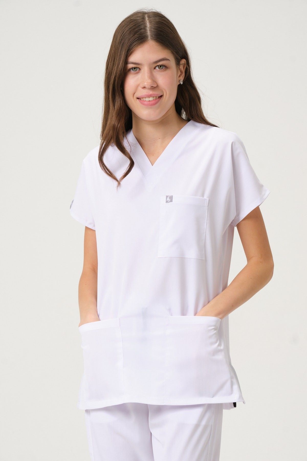 Beyaz Likralı Scrubs Doktor Hemşire Forması Yarasa Kol Takım Unisex S