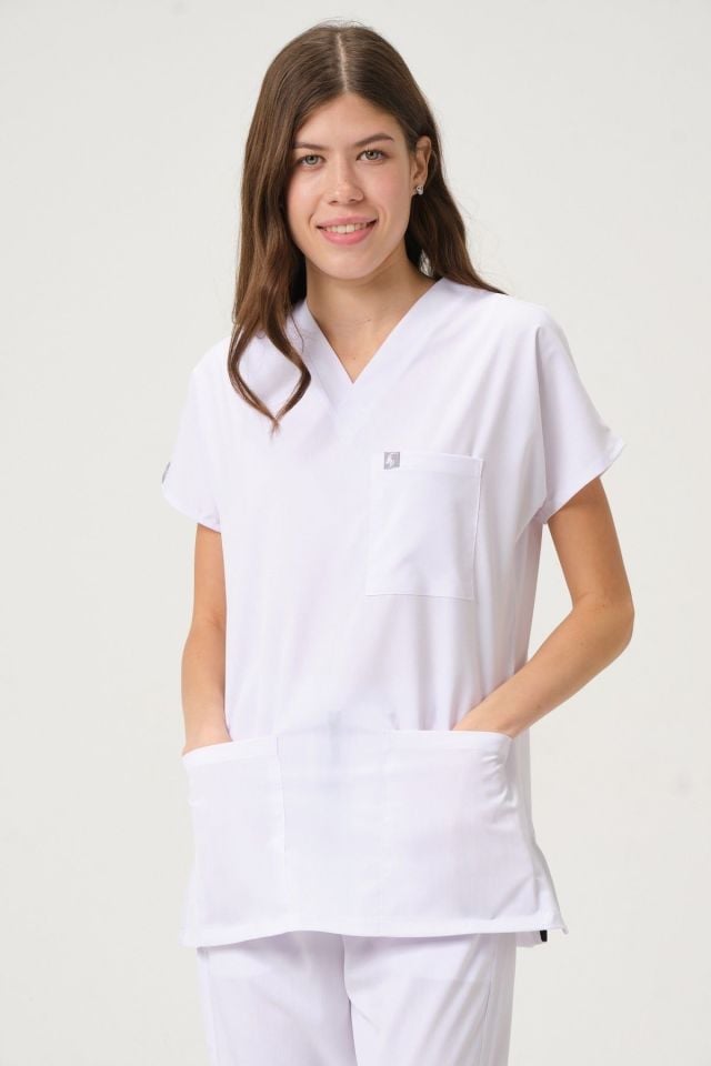 Beyaz Likralı Scrubs Doktor Hemşire Forması Yarasa Kol Takım Unisex S