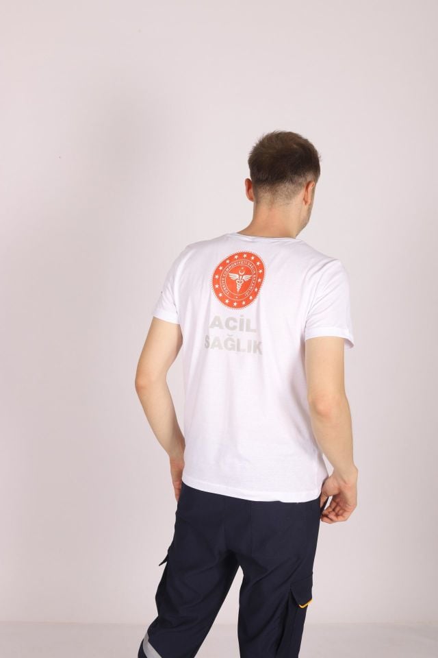 Beyaz 112 Acil Sağlık V Yaka Tişört Unisex L
