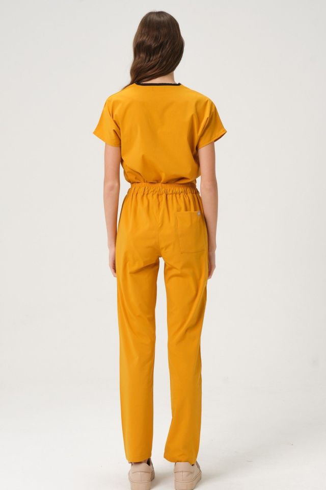 Hardal Likralı Scrubs Doktor Hemşire Forması Yarasa Kol Takım Unisex XS