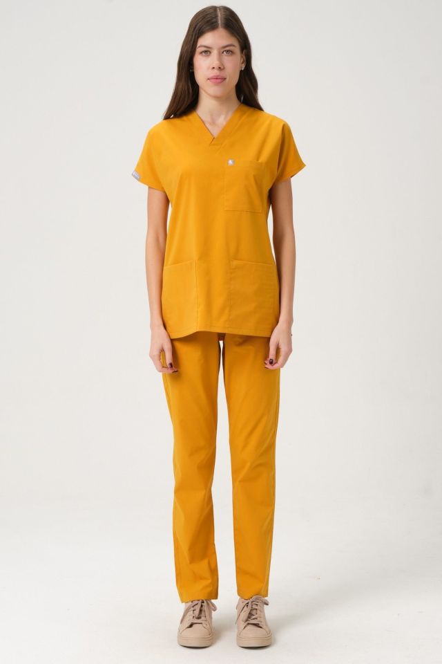 Hardal Likralı Scrubs Doktor Hemşire Forması Yarasa Kol Takım Unisex 2XL