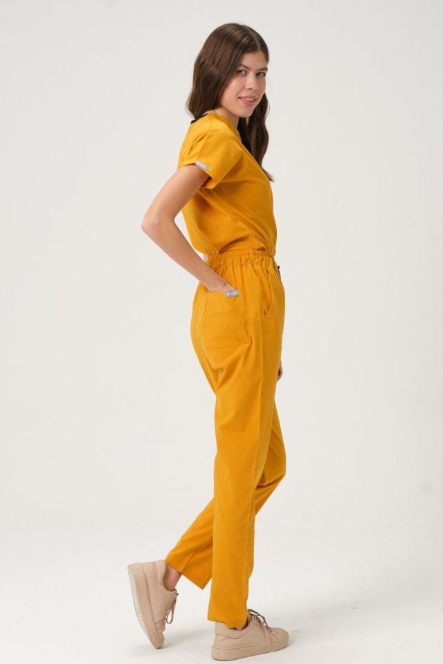 Hardal Likralı Scrubs Doktor Hemşire Forması Yarasa Kol Takım Unisex 2XL