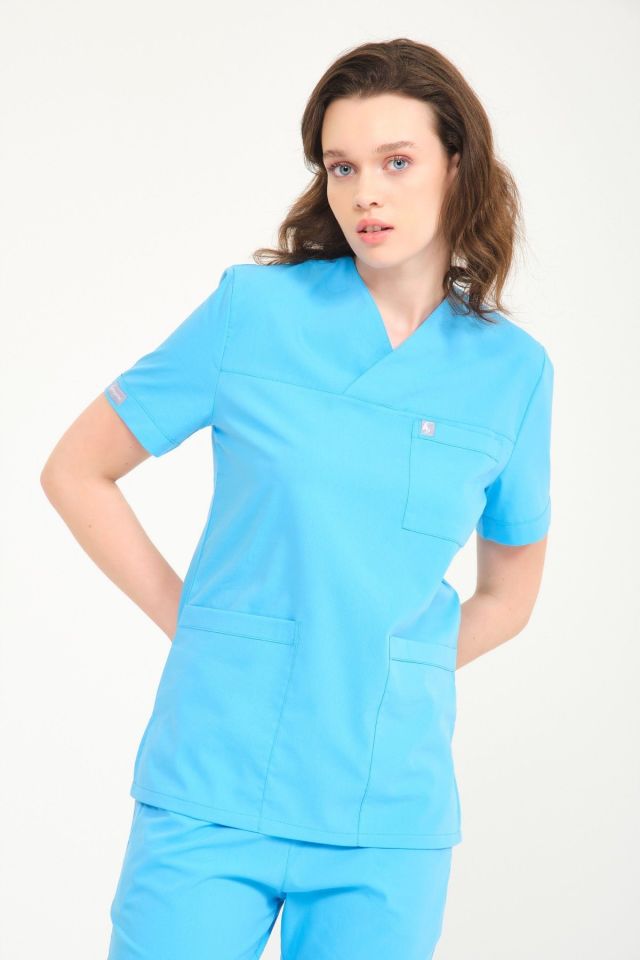 Bebe Mavi Likralı Zarf Yaka Scrubs Doktor Hemşire Forması Tek Üst 2XL