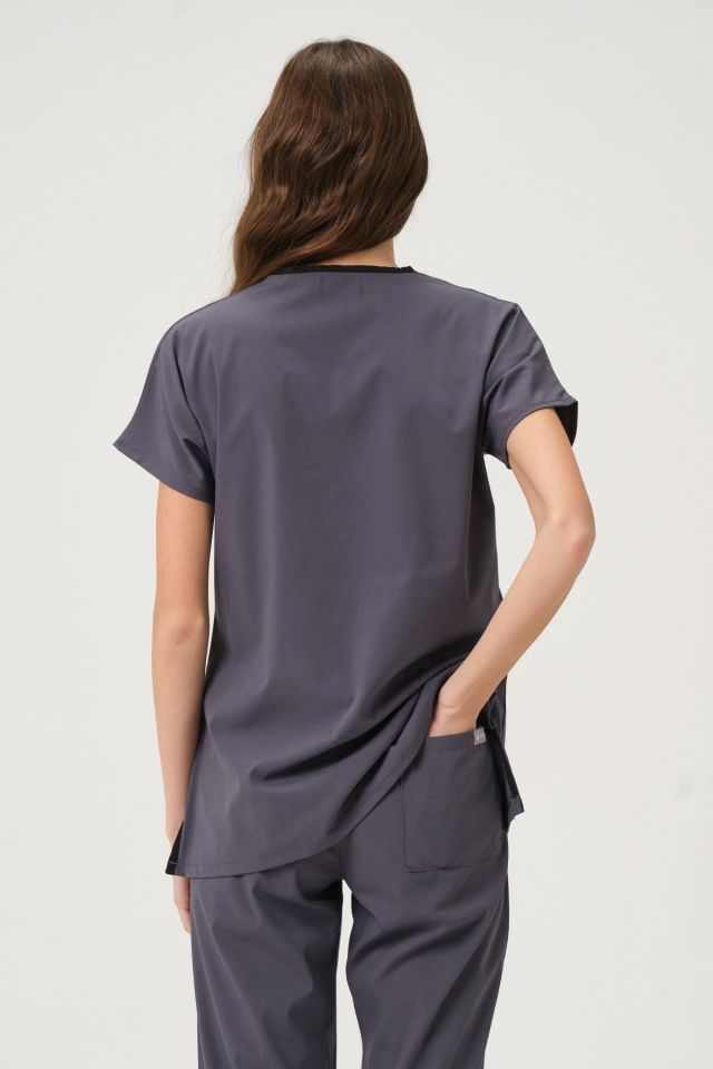 Füme Likralı Scrubs Doktor Hemşire Forması Yarasa Kol Takım Unisex 2XS