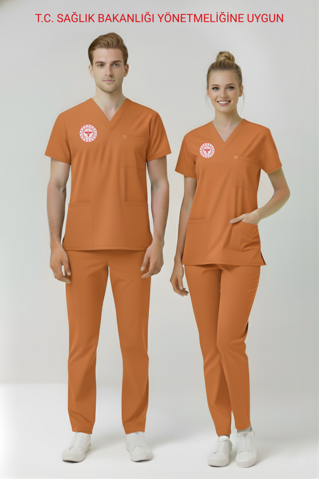 Klinik Destek Personeli Forması Likralı Scrubs Takım Unisex Orange Ochre