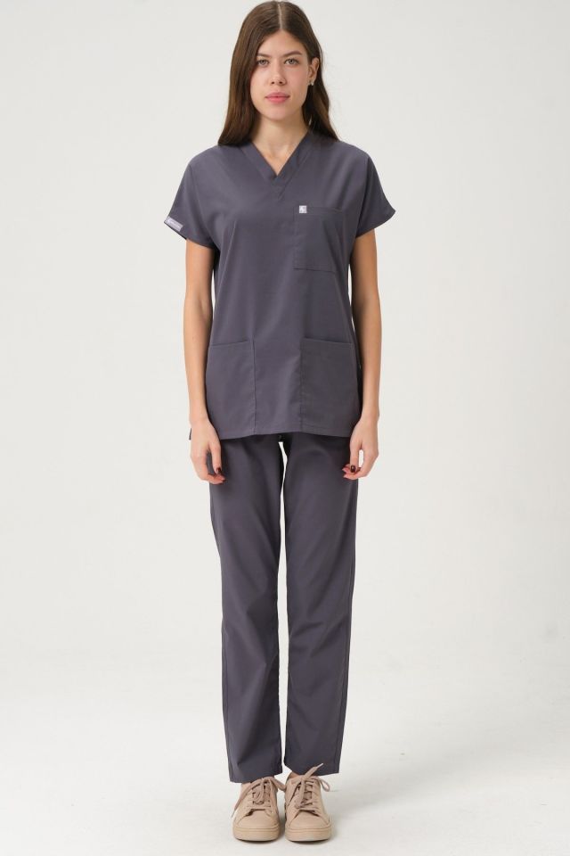 Füme Likralı Scrubs Doktor Hemşire Forması Yarasa Kol Takım Unisex L