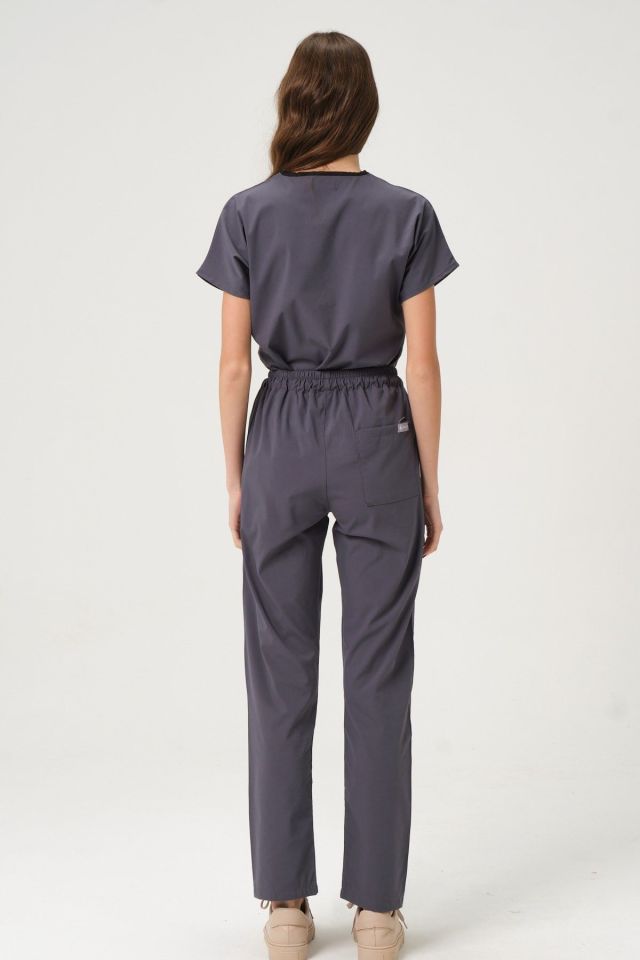 Füme Likralı Scrubs Doktor Hemşire Forması Yarasa Kol Takım Unisex L