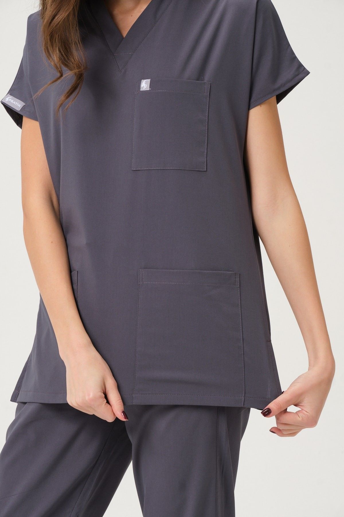 Füme Likralı Scrubs Doktor Hemşire Forması Yarasa Kol Takım Unisex L