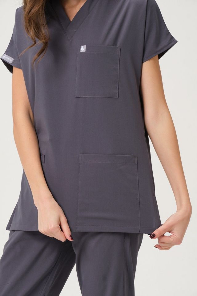 Füme Likralı Scrubs Doktor Hemşire Forması Yarasa Kol Takım Unisex L