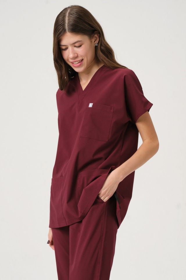 Bordo Likralı Scrubs Doktor Hemşire Forması Yarasa Kol Takım Unisex S