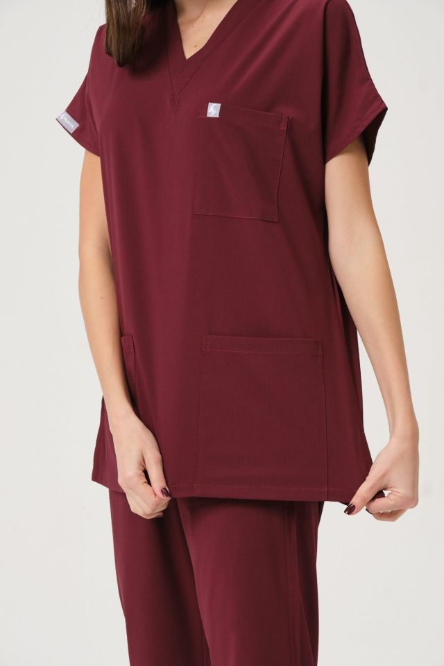 Bordo Likralı Scrubs Doktor Hemşire Forması Yarasa Kol Takım Unisex S