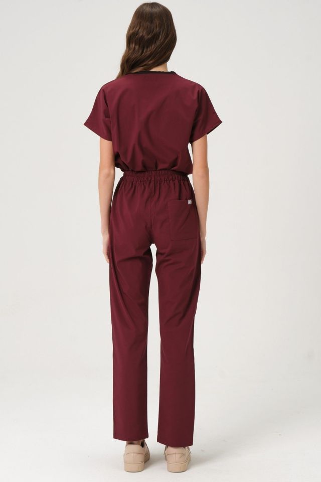Bordo Likralı Scrubs Doktor Hemşire Forması Yarasa Kol Takım Unisex S