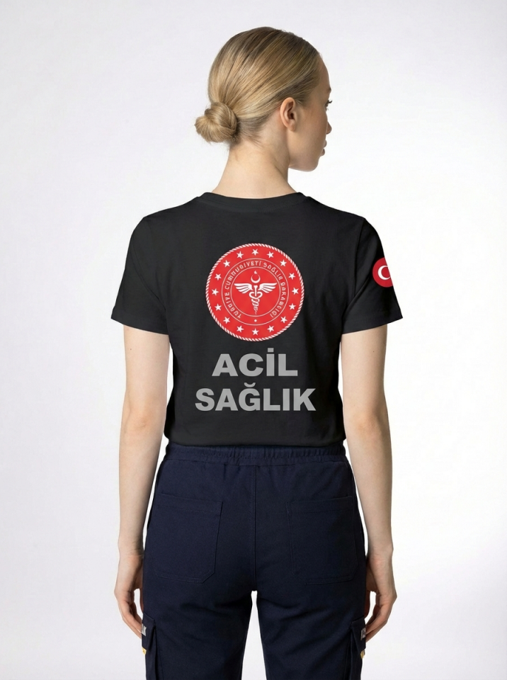 Siyah 112 Acil Sağlık Bisiklet Yaka Penye Tişört Unisex