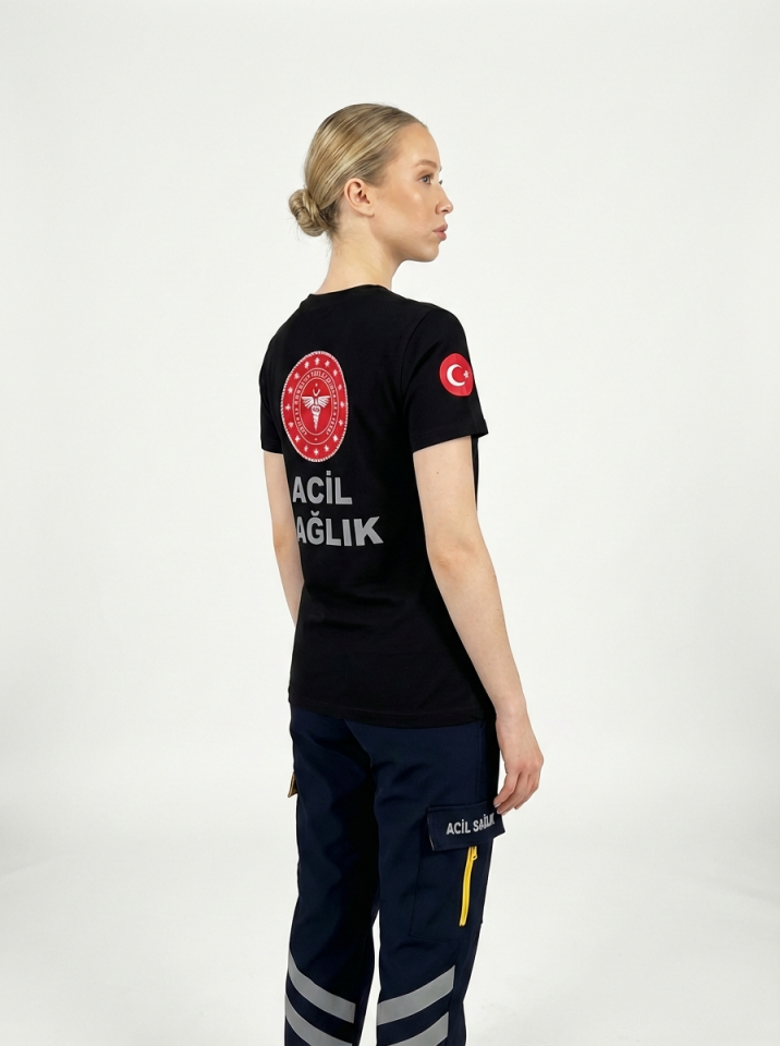 Siyah 112 Acil Sağlık Bisiklet Yaka Penye Tişört Unisex S