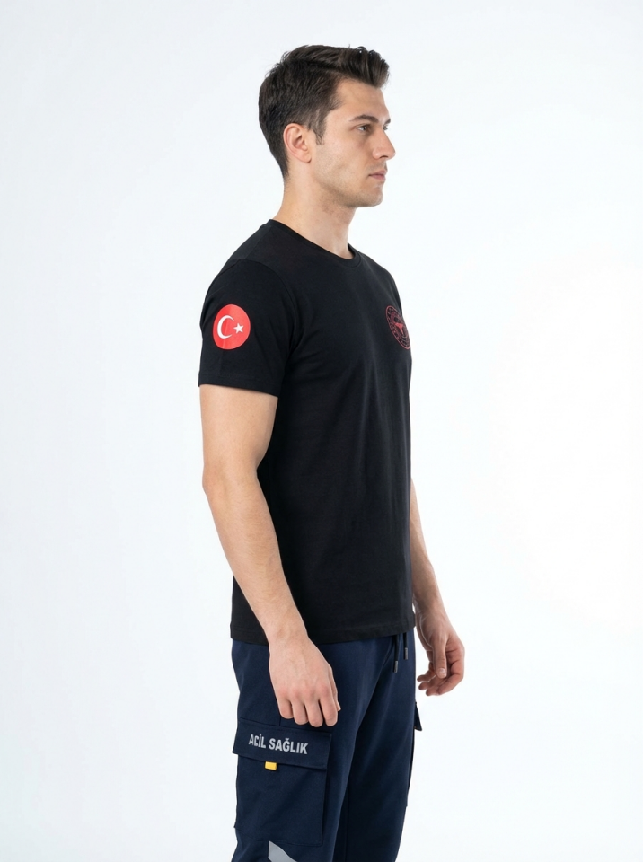 Siyah 112 Acil Sağlık Bisiklet Yaka Penye Tişört Unisex