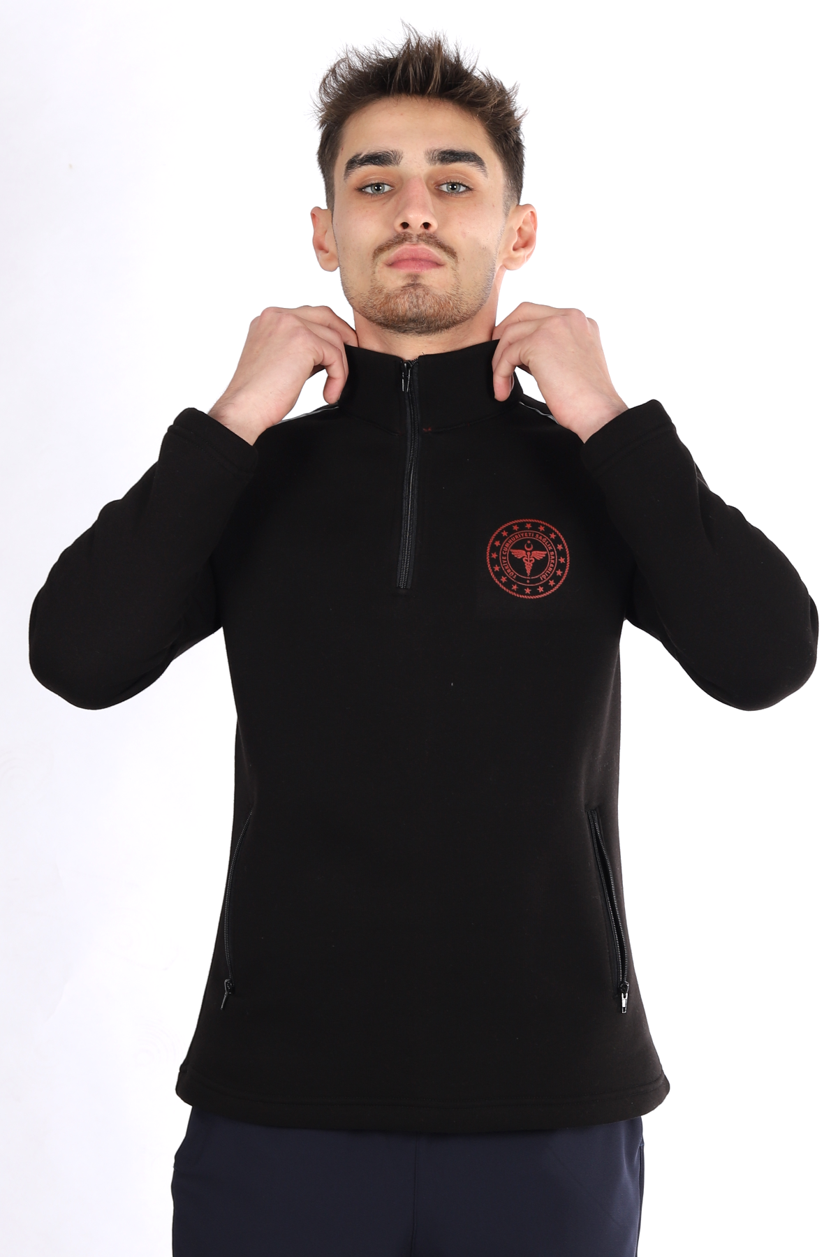 Siyah 112 Acil Sağlık Kışlık Yarım Fermuar Balıkçı Yaka Sweatshirt Unisex