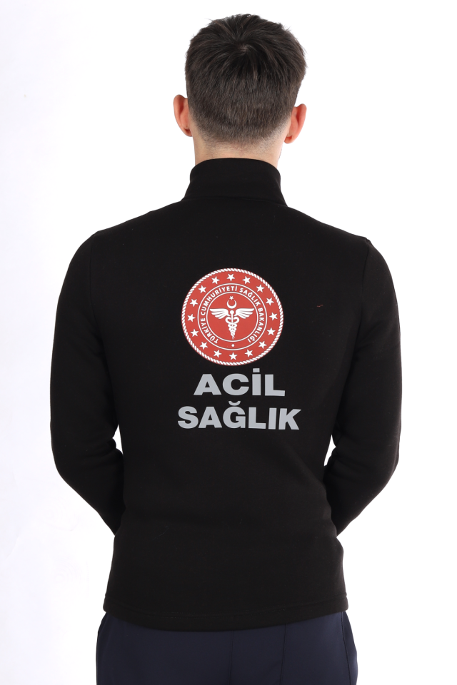 Siyah 112 Acil Sağlık Kışlık Yarım Fermuar Balıkçı Yaka Sweatshirt Unisex