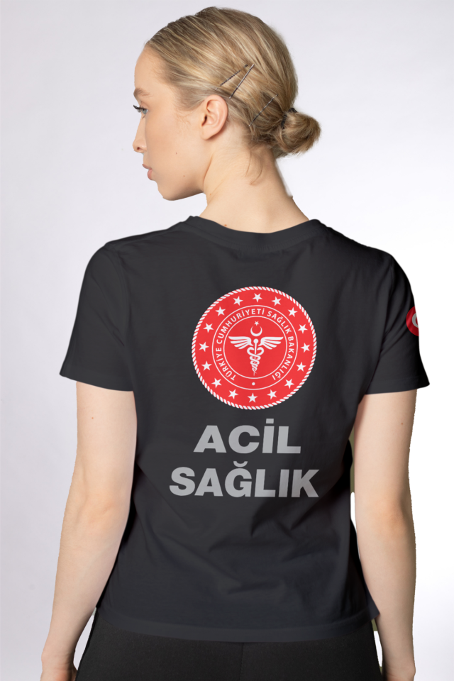 Siyah 112 Acil Sağlık Bisiklet Yaka Tişört Unisex