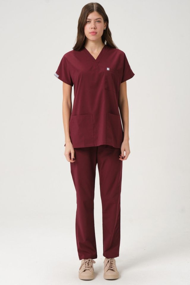 Bordo Likralı Scrubs Doktor Hemşire Forması Yarasa Kol Takım Unisex M