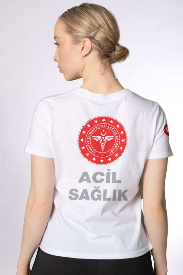 Beyaz 112 Acil Sağlık Bisiklet Yaka Penye Tişört Unisex