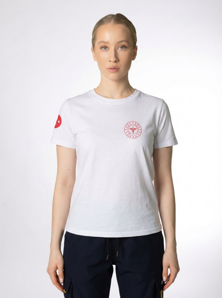 Beyaz 112 Acil Sağlık Bisiklet Yaka Penye Tişört Unisex