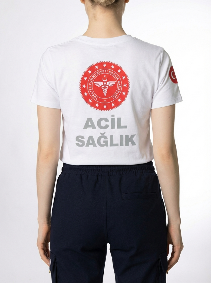 Beyaz 112 Acil Sağlık Bisiklet Yaka Penye Tişört Unisex