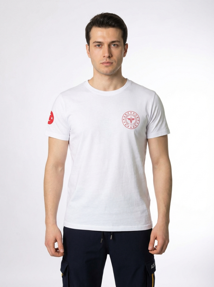 Beyaz 112 Acil Sağlık Bisiklet Yaka Penye Tişört Unisex