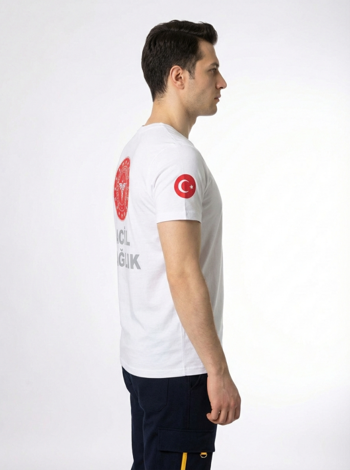 Beyaz 112 Acil Sağlık Bisiklet Yaka Penye Tişört Unisex