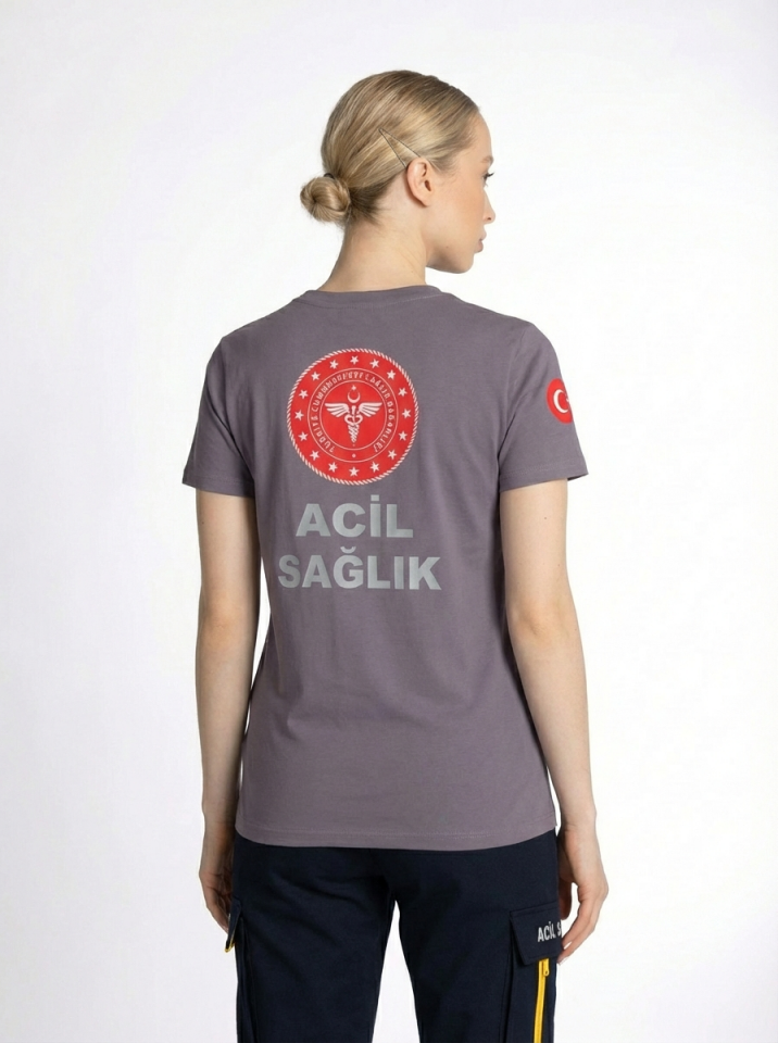 Gri 112 Acil Sağlık Bisiklet Yaka Penye Tişört Unisex