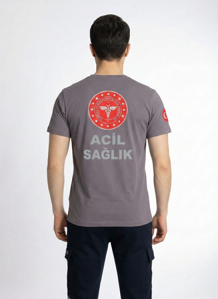 Gri 112 Acil Sağlık Bisiklet Yaka Penye Tişört Unisex
