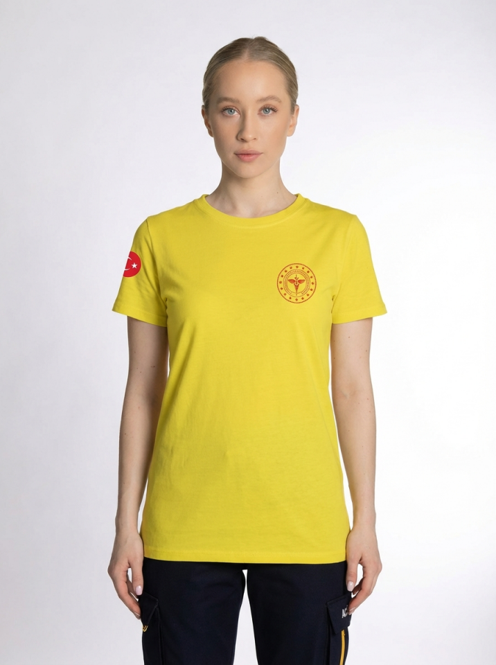 Sarı 112 Acil Sağlık Bisiklet Yaka Penye Tişört Unisex M