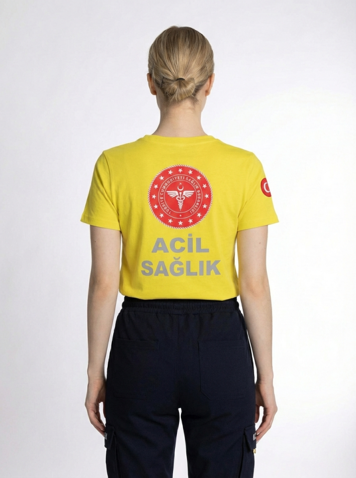 Sarı 112 Acil Sağlık Bisiklet Yaka Penye Tişört Unisex M