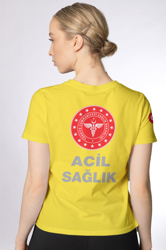 Sarı 112 Acil Sağlık Bisiklet Yaka Penye Tişört Unisex
