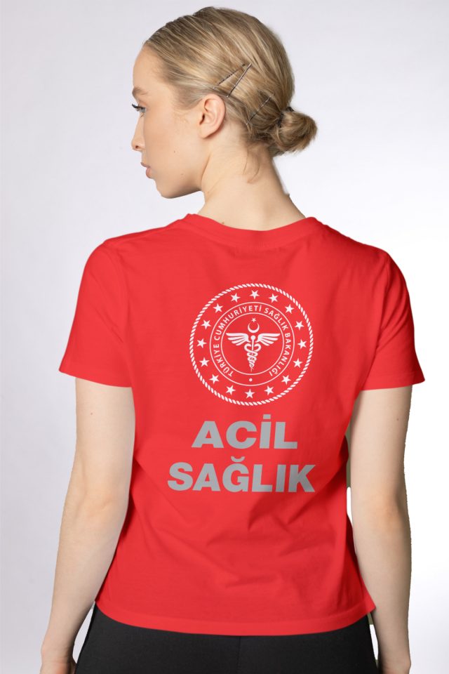 Kırmızı 112 Acil Sağlık Bisiklet Yaka Penye Tişört Unisex L
