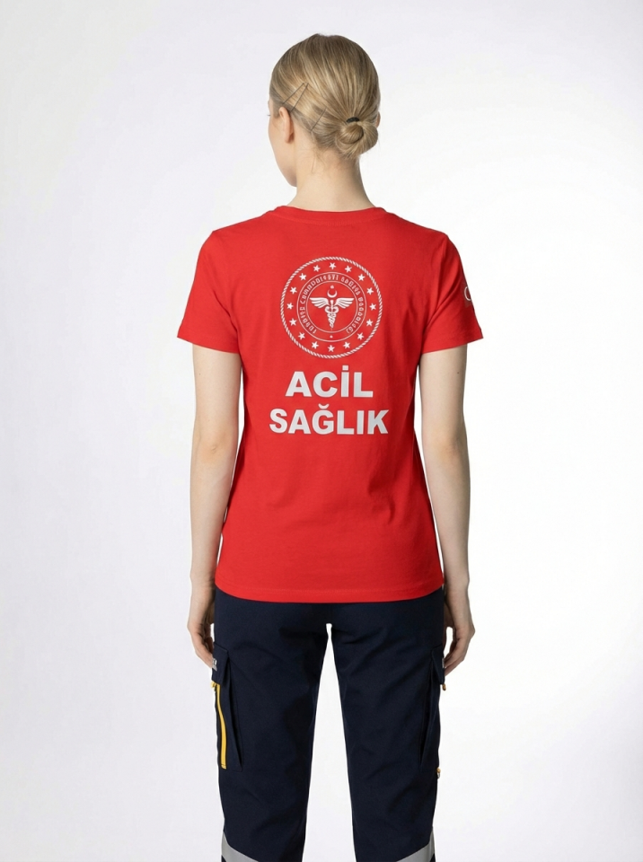 Kırmızı 112 Acil Sağlık Bisiklet Yaka Penye Tişört Unisex