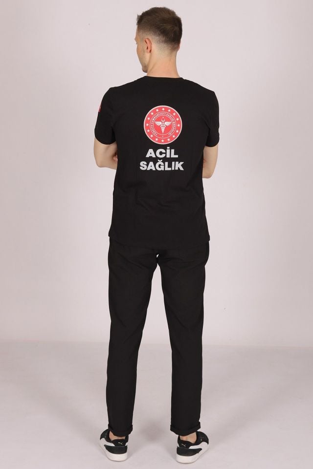 Siyah 112 Acil Sağlık Bisiklet Yaka Tişört Unisex L